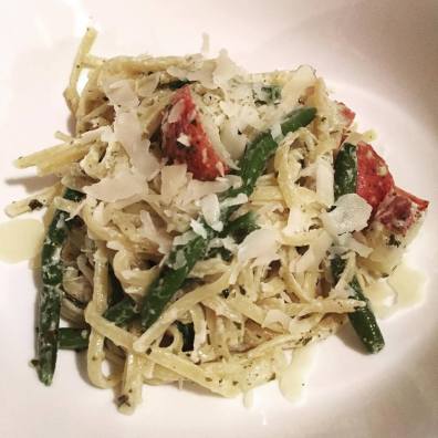 Trenette with pesto french beans, and potatoes.